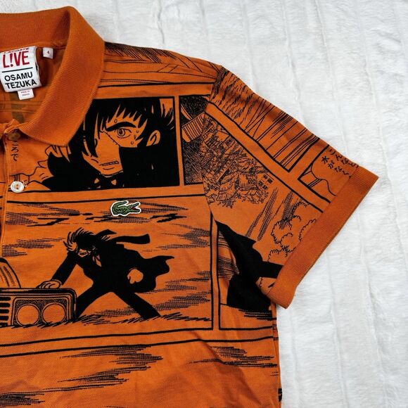 Lacoste Live x Osamu Tezuka Polo Shirt Size 4* Allover Print Orange Preppy Rare - Picture 9 of 16